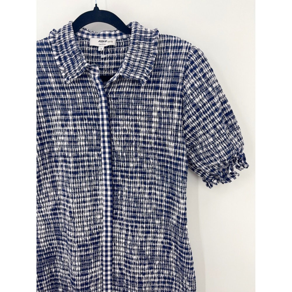 B35 Jason Wu Smocked Gingham Mini Dress 4 Navy White Collar Cotton Dinner Party - Picture 7 of 11